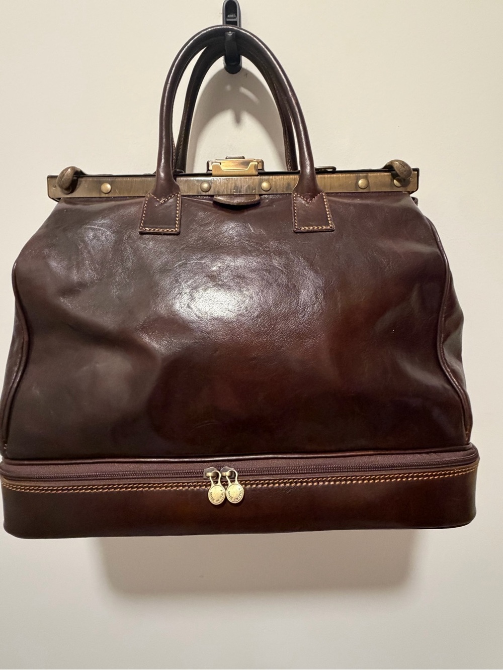 Men's Dark Brown Leather Travel Duffel with Brass Frame